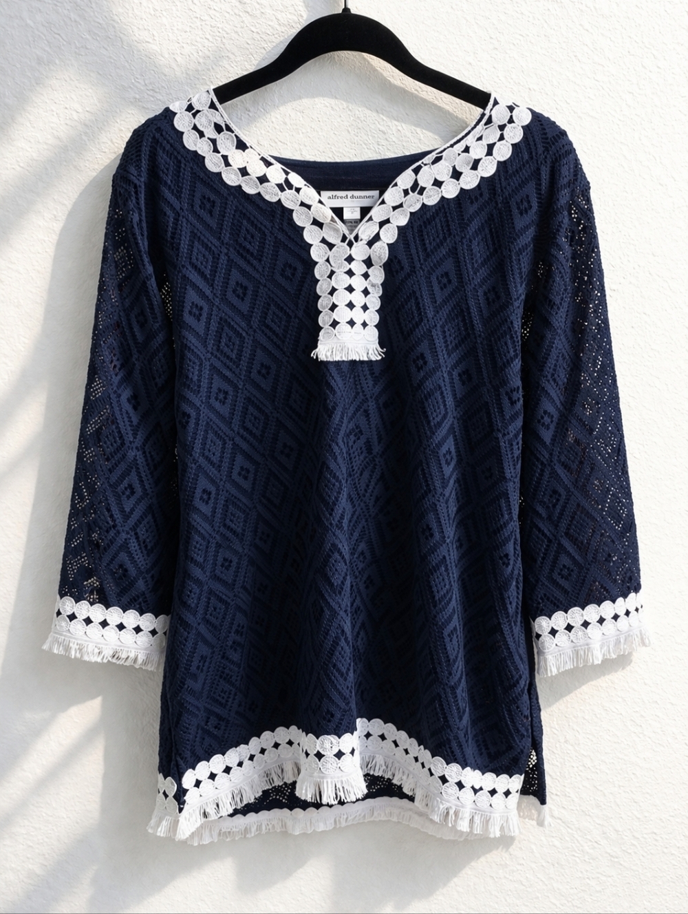 Alfred Dunner Blue Lace Tunic White Crochet Trim Fringe Hem Boho Coastal